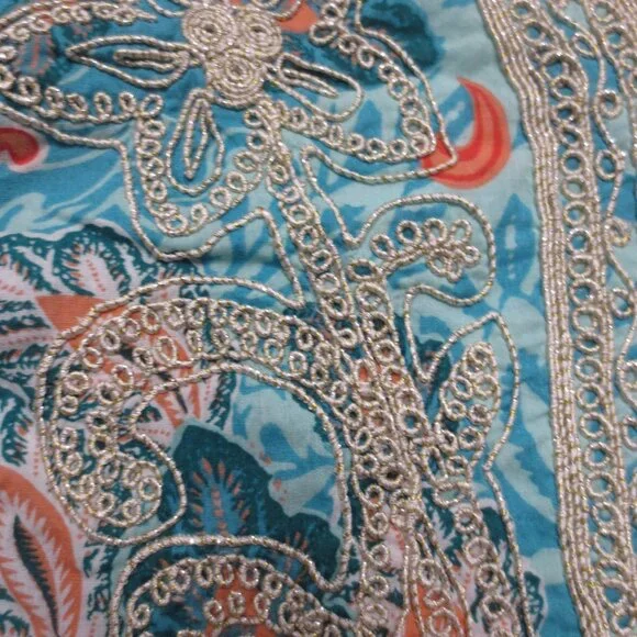 CHARTER CLUB womens TUNIC paisley EMBROIDERED metallic aqua CORAL SIZE 1X - Picture 3 of 8